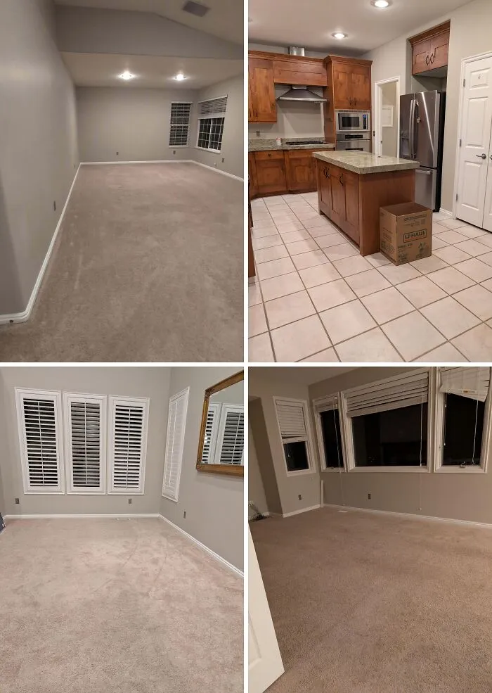 Multiple empty rooms and kitchen in a rental property showing signs of landlords cutting corners in maintenance and quality.