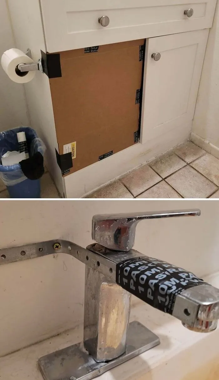 Improvised rental bathroom repairs showing cardboard sink panel and taped faucet fix in a rental nightmares example.