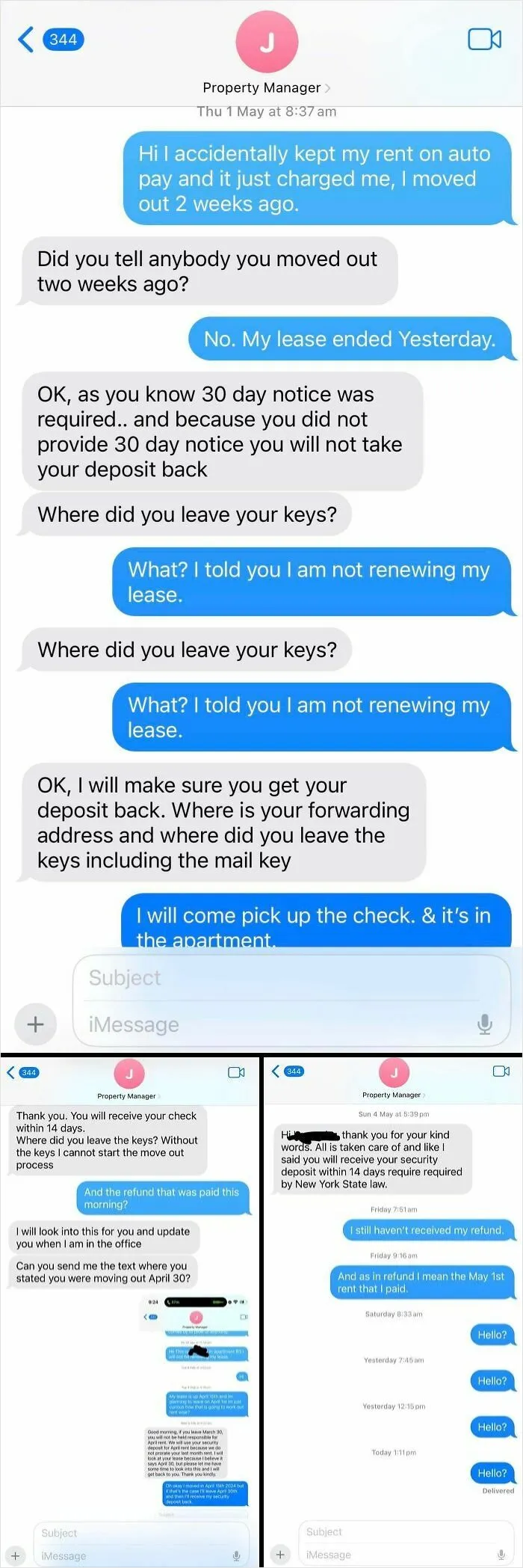 Text messages between tenant and property manager showing rental nightmare over deposit refund and lease disagreements.
