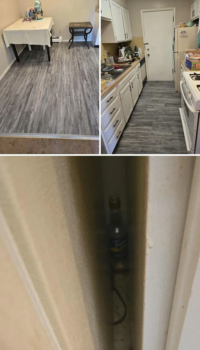 Composite image showing poorly installed flooring and narrow gap hiding garbage, examples of rental nightmares where landlords cut corners.