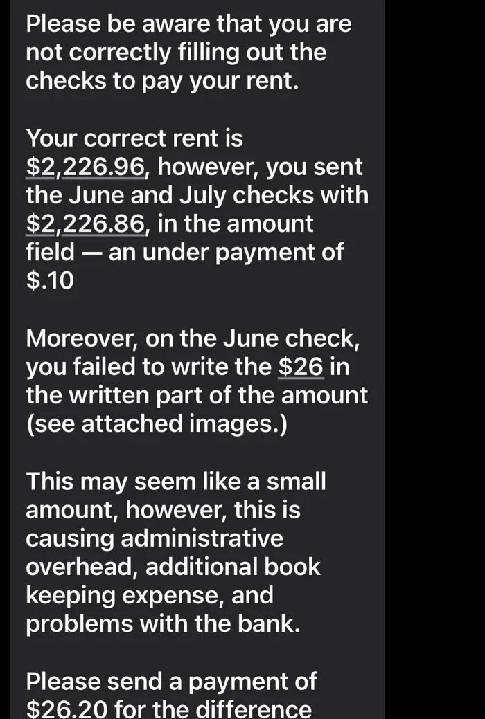 Message warning tenant about rent payment errors causing administrative issues in a rental nightmare with landlord shortcuts exposed