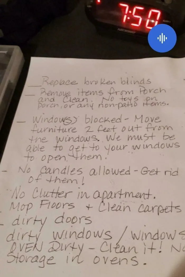 Handwritten landlord rental rules note with cleaning and maintenance tasks, illustrating a rental nightmare cutting corners exposed.