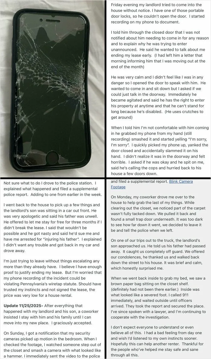 Broken smartphone screen showing damage from rental nightmare where landlord tried to enter without notice and caused conflict.