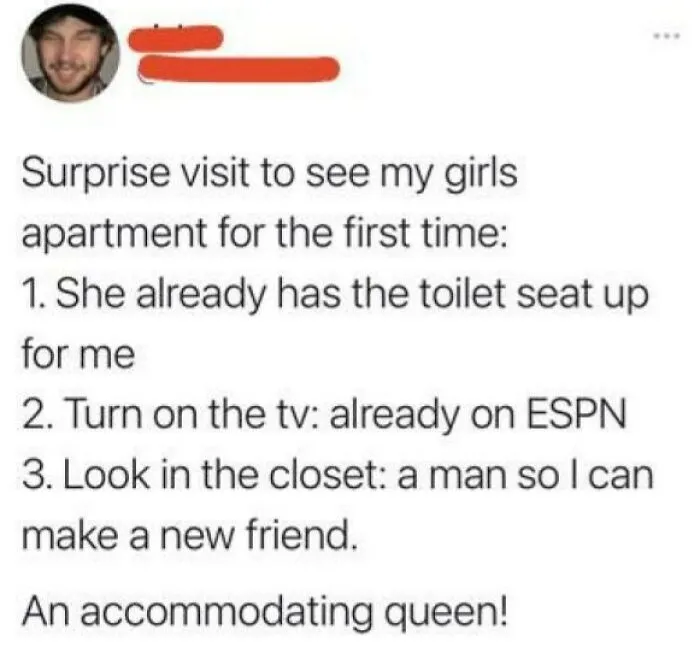 Screenshot of a funny social media post describing a surprise visit with accommodating and humorous details.