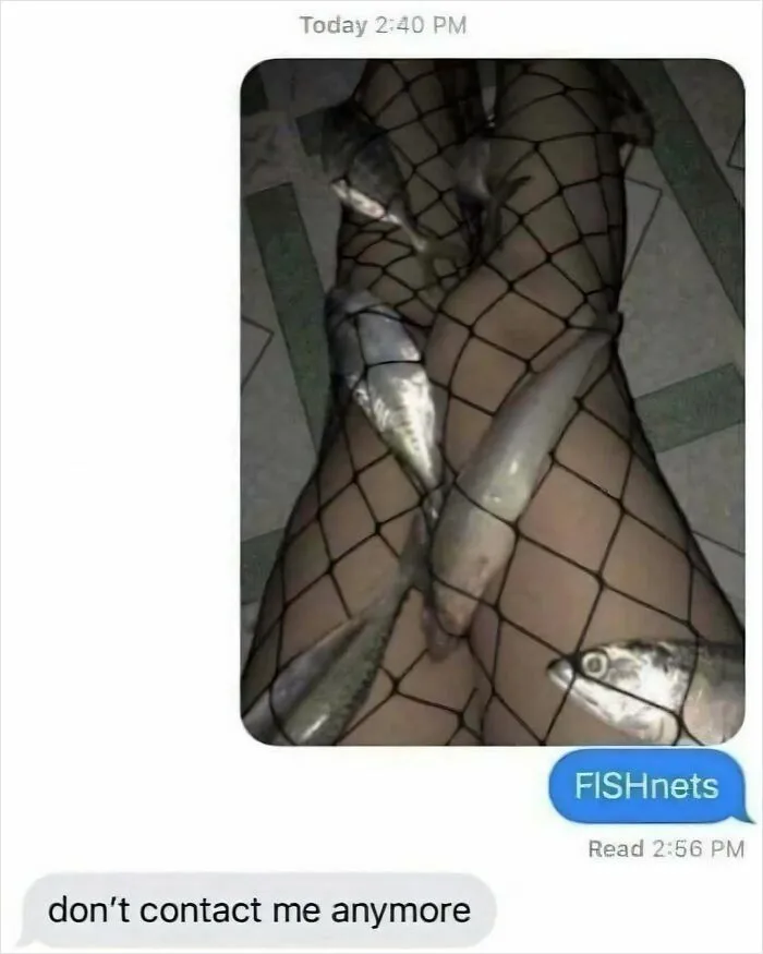 Legs in fishnet stockings covered with real fish, humorous text message conversation, funny unhinged memes vibe.