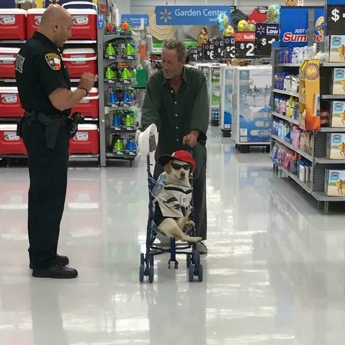 Un hombre paseando a su perro en la tienda