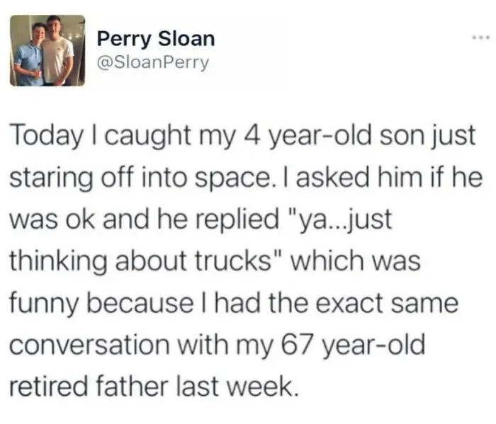 Screenshot of a humorous parent meme about a child thinking of trucks, highlighting relatable moments for parents.