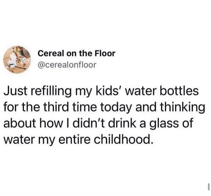 Relatable memes for parents about the daily chaos of refilling kids’ water bottles multiple times a day.