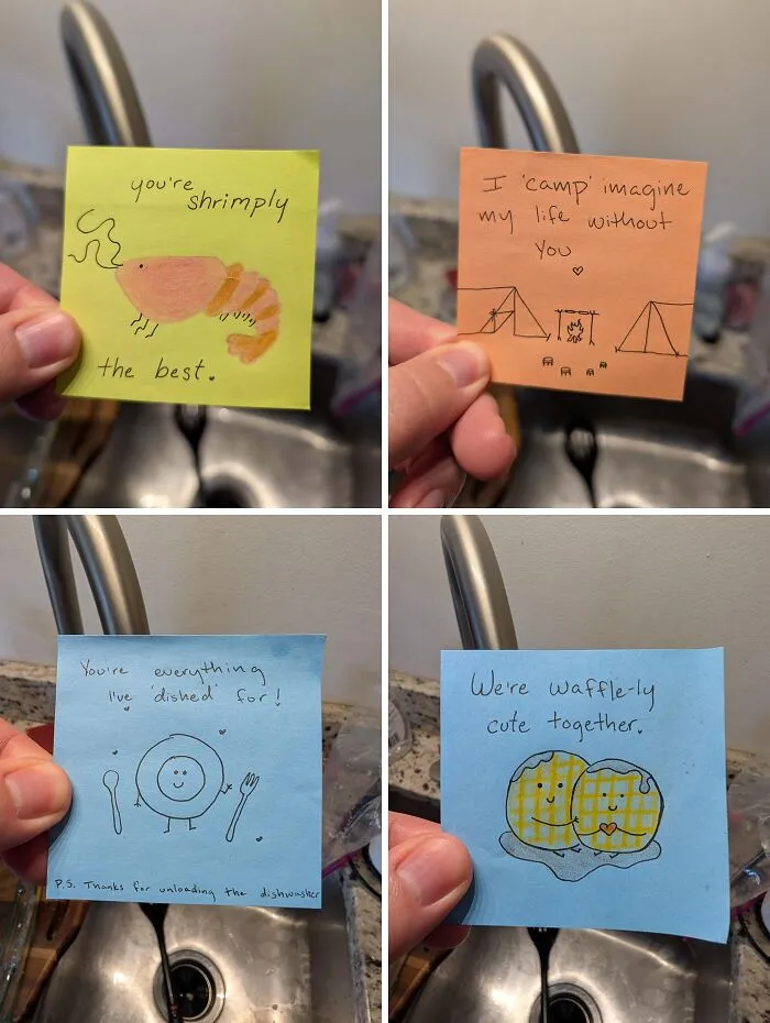 Four heartwarming photos of sticky notes with cute food and camping puns to make your whole day feel a little lighter.