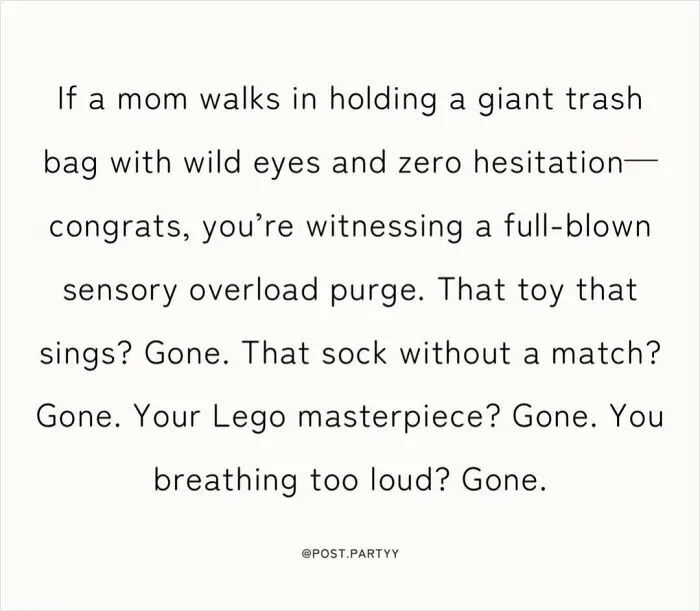 Funny and relatable memes for parents about sensory overload and surviving the chaos of home life.