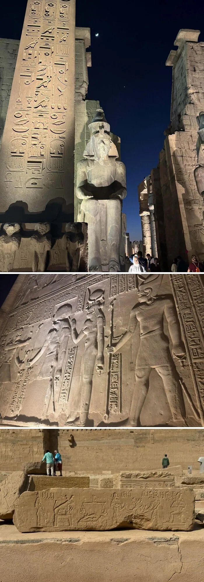 Ancient Egypt statues and hieroglyphs illuminated at night, showcasing incredible carved stone art and history.