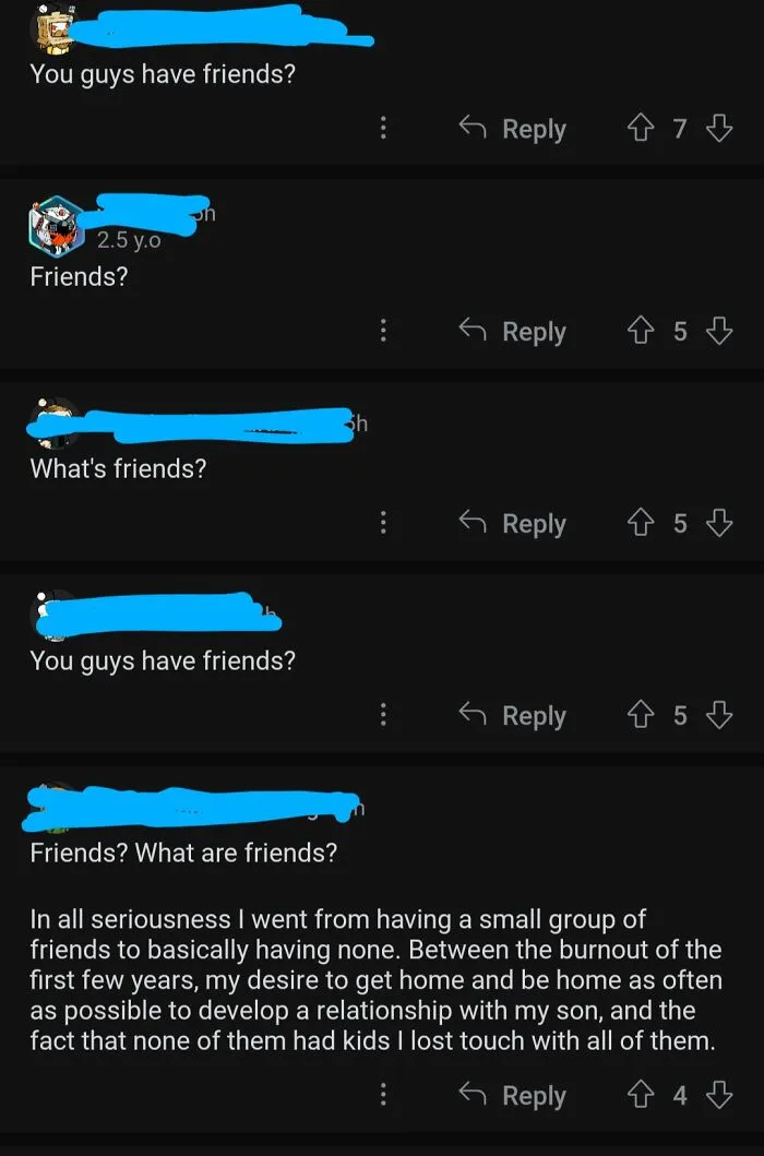 Social media comments about friendship loss reflecting challenges of fatherhood in wholesome funny and goofy dad moments.