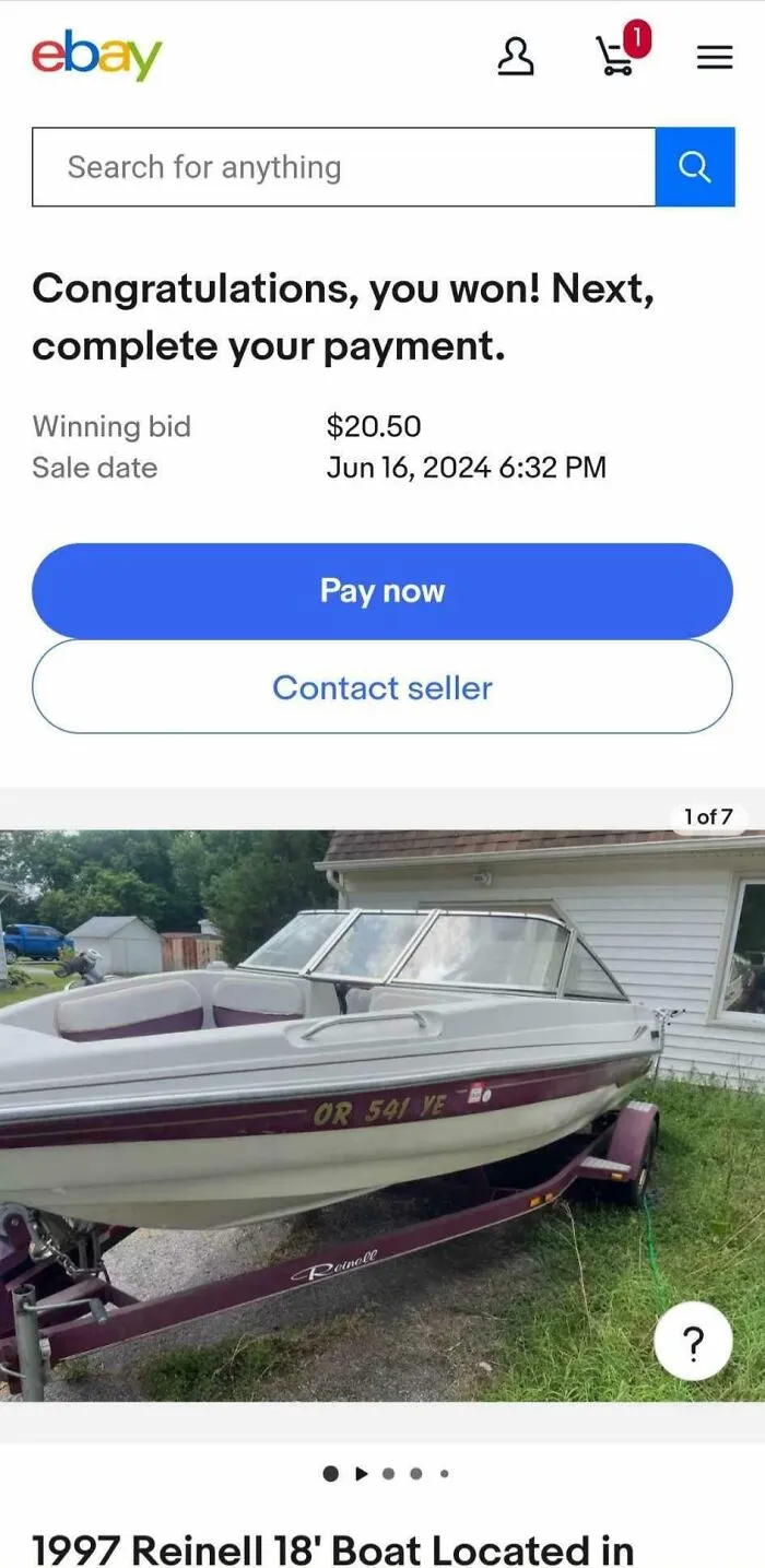 1997 Reinell 18-foot boat winning bid payment page shown on Ebay, reflecting wholesome dad moments and funny photos.
