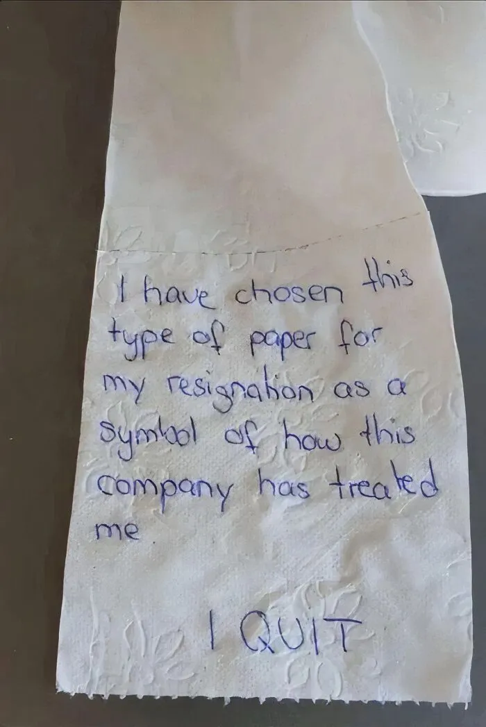 Handwritten resignation note on a paper towel, a funny meme that might brighten dark and cold winter days.