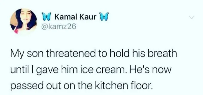 Parent sharing a relatable meme about their child holding breath for ice cream and passing out on the kitchen floor.