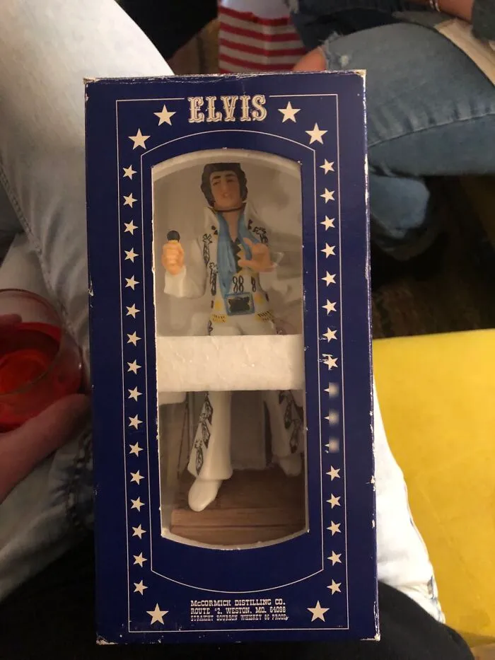 Probably The Coolest White Elephant Gift I’ve Received. An Elvis Decanter From The ‘70s That Is Filled With McCormicks Whiskey And Plays Music