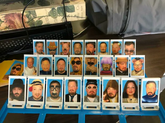Guess Who game with bizarre custom photos featuring a man's face in various funny costumes and expressions as a strange Christmas gift.