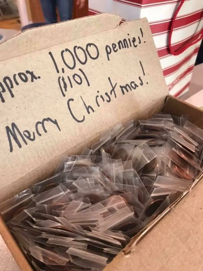 Box filled with 1,000 pennies individually bagged, shown as a bizarre Christmas gift in unusual presents collection.