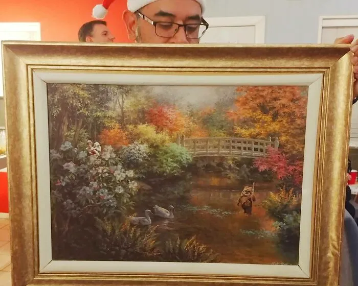 Every Year My Friends Have A White Elephant/Gag Gift Christmas Party. This Year I Gave A Generic Thrift Store Painting With A Few Things I Added