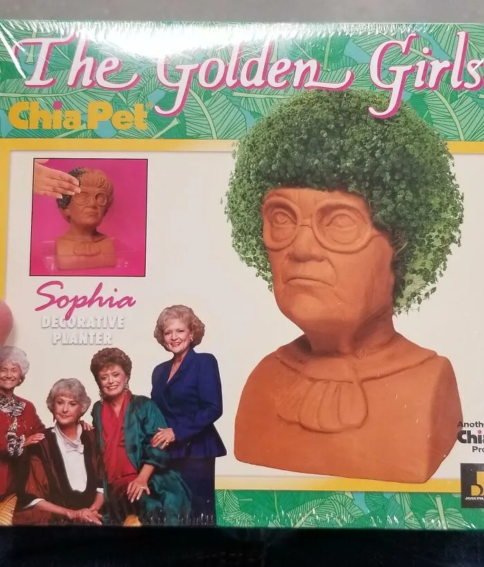 The Golden Girls Chia Pet planter with green chia sprouts resembling hair, one of the most bizarre Christmas gifts.
