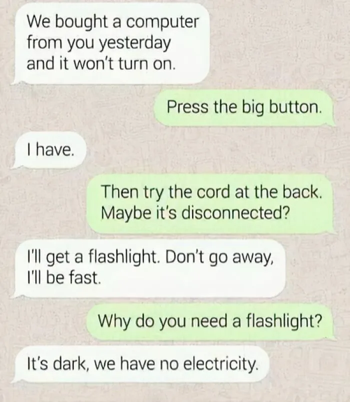 Text message conversation showing a humorous exchange about a computer issue during a dark, cold winter day.