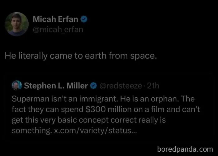 Tweet exchange debating Superman’s origin, highlighting humorous fails in trying to fix misunderstandings about characters.