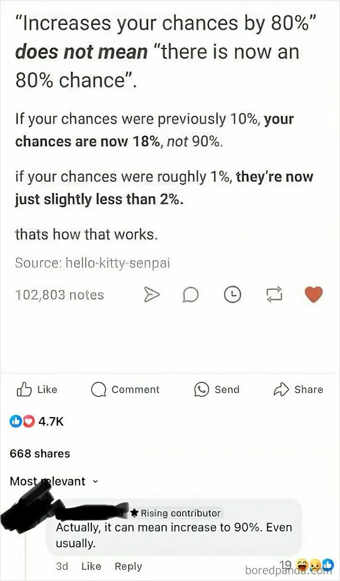 Text post explaining chances increasing by 80% does not mean 80% chance, illustrating common misunderstanding humorously.