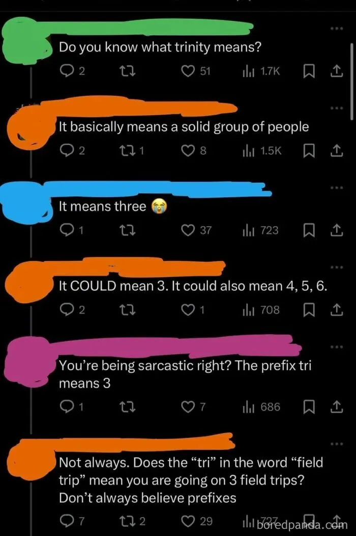 Screenshot of a humorous social media thread showing a failed attempt to explain the meaning of the word trinity.