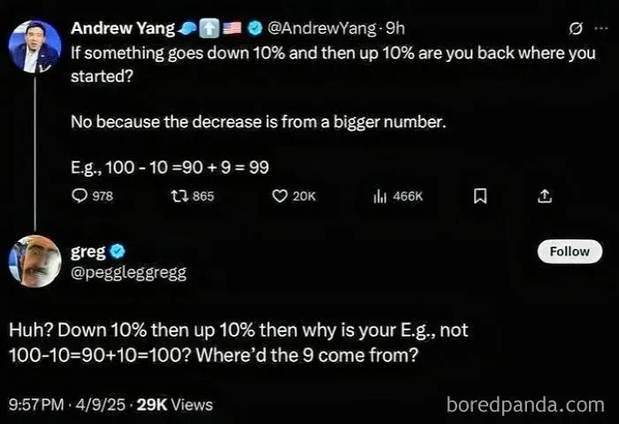Screenshot of a Twitter exchange showing a math misunderstanding illustrating watching stupidity fail hilariously.