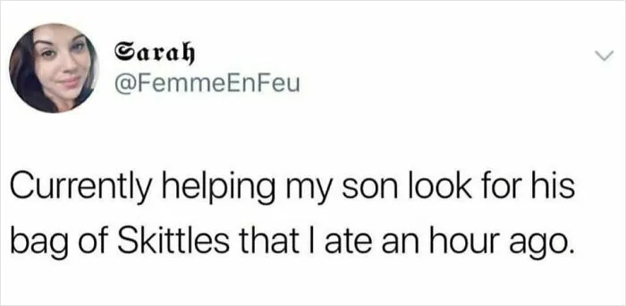 Parent relatable meme showing a social media post about helping a child find candy the parent already ate.