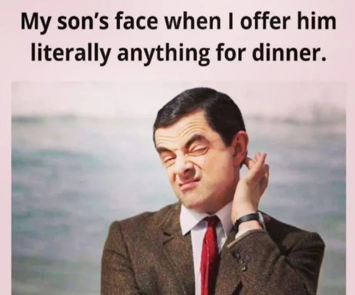 Man making a funny confused face representing relatable memes for parents dealing with picky kids at dinner.