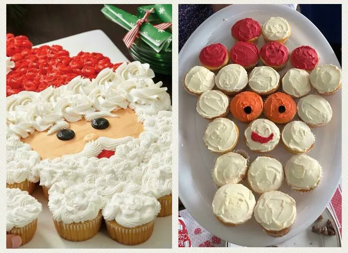 Pastel de cupcakes con diseño de Santa Claus esperado versus realidad que sorprendió a muchas personas.