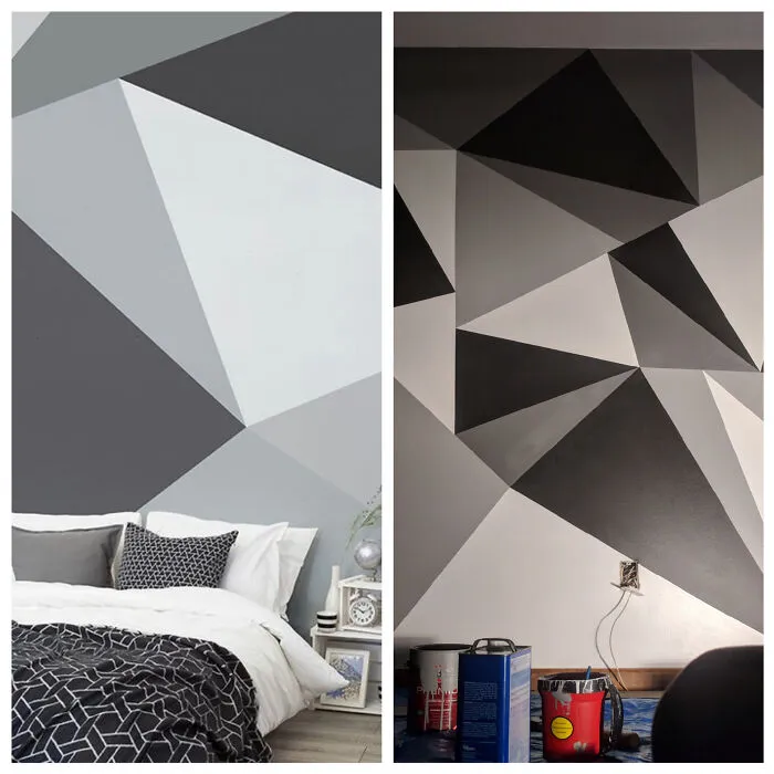 Pared pintada con diseño geométrico en escala de grises mostrando expectativas vs realidad en decoración.