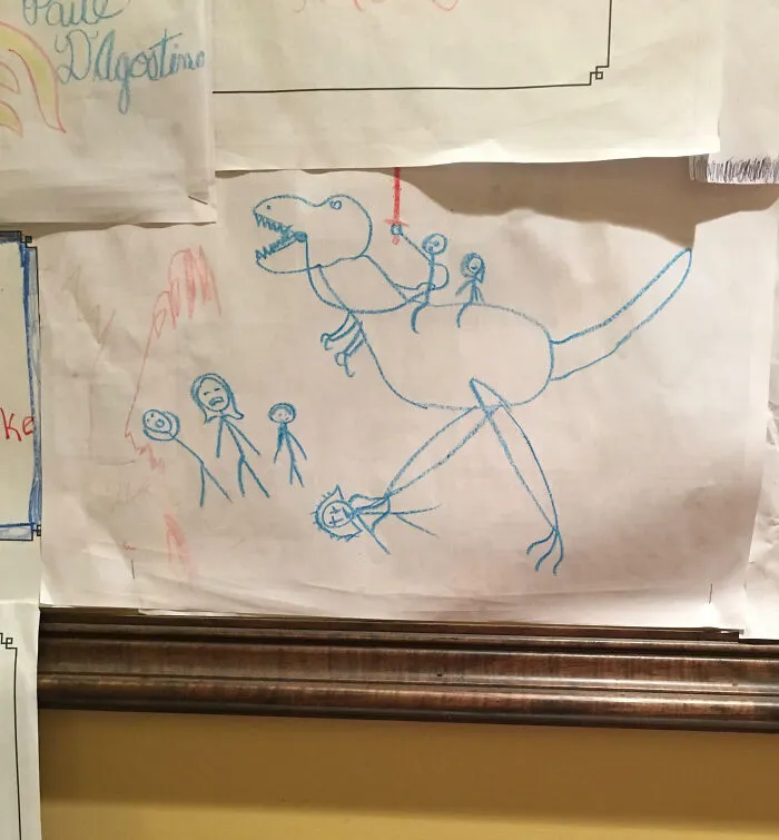 El dibujo de un niño. Lo pusieron en la pared de arte de un restaurante.