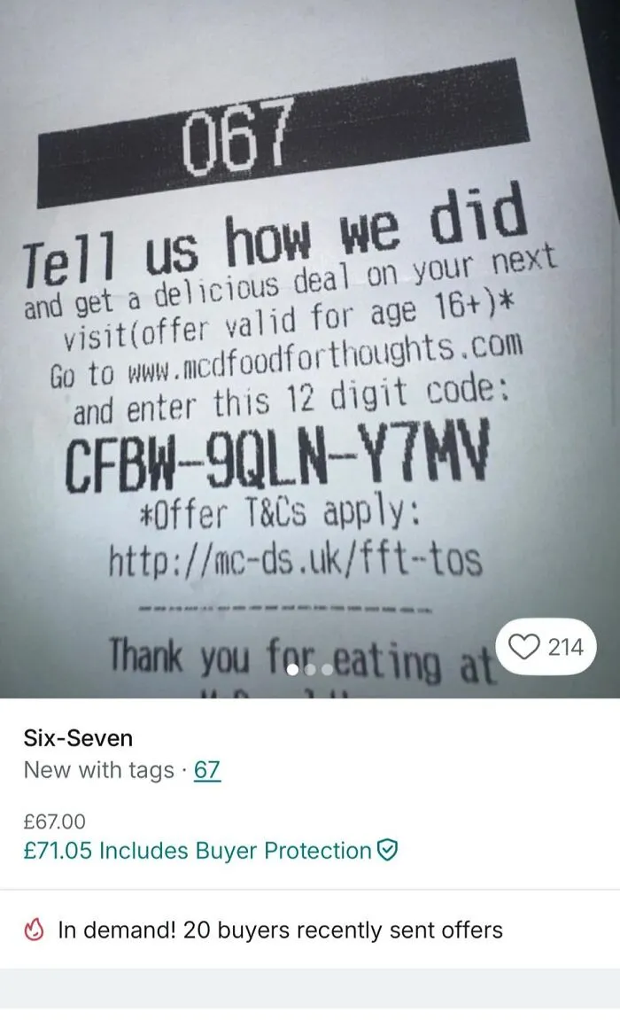 Receipt showing a coupon code listed for sale on Vinted with 20 buyers recently sending offers.