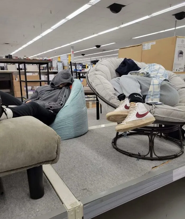 This Is What Happens At Walmart. 2 Peeps Sleeping On Our Displays Snoring.