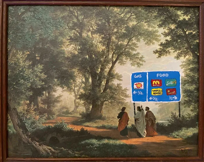Classic landscape painting personalized with a humorous thrifted painting twist featuring modern gas and food signs.