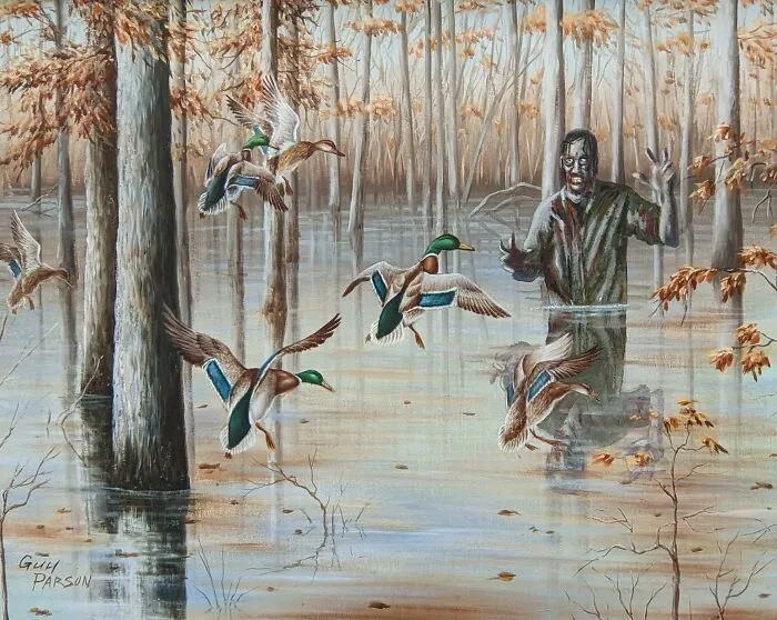 Zombie figure added to an original nature painting of ducks flying over a flooded forest scene.