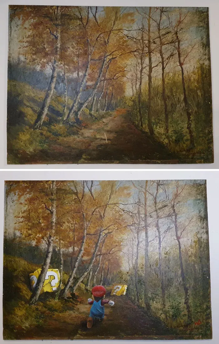 A personalized thrifted painting featuring a woodland path altered with a funny Super Mario character and question blocks.