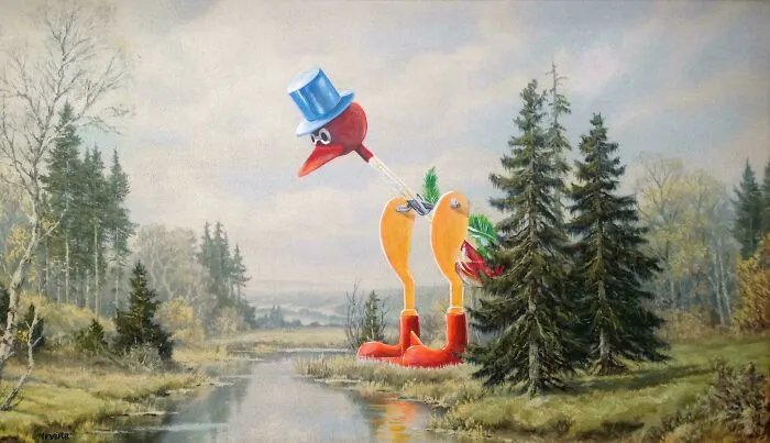 Whimsical wooden bird with a blue top hat added to a thrifted landscape painting near a forested river scene.
