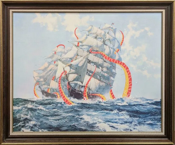 Thrifted painting of ships at sea personalized with giant colorful octopus tentacles wrapped around sails.