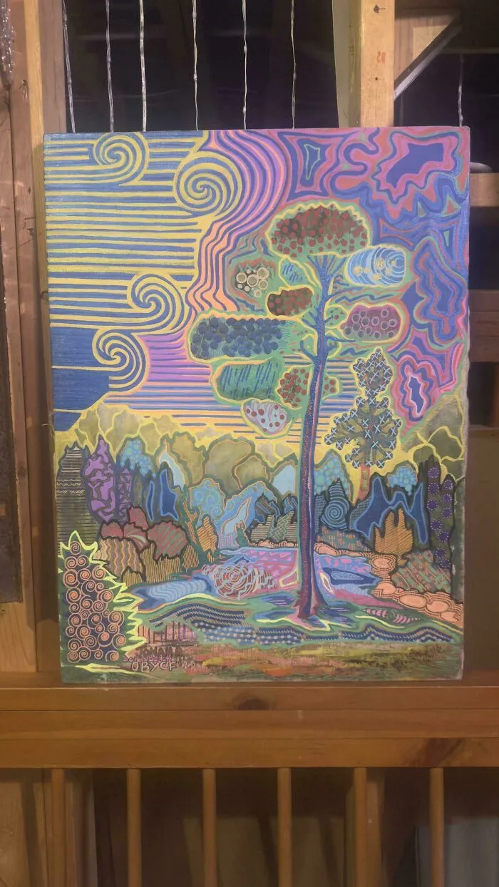 Colorful abstract thrifted painting personalized with patterns and vibrant shapes in a surreal nature landscape setting.