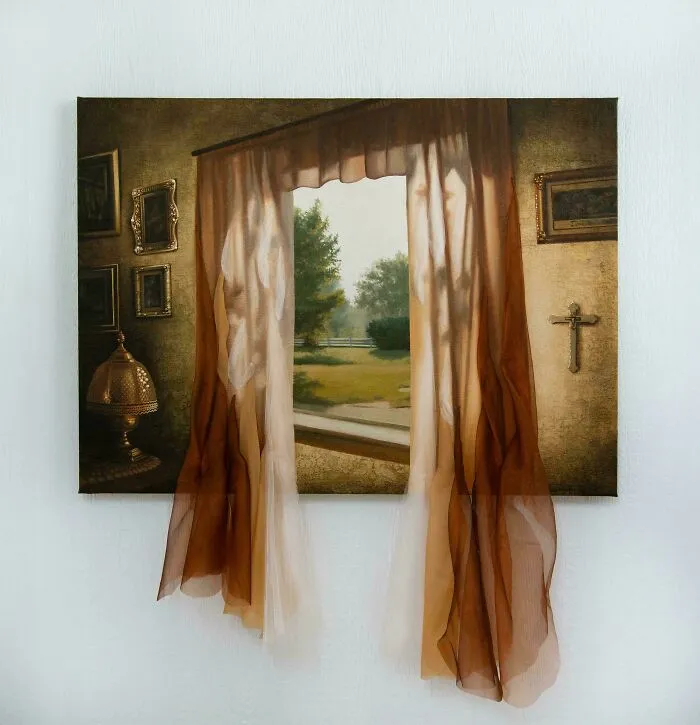 My Latest Painting On Thrifted Fabric With Thrifted Pieces Sewn-In