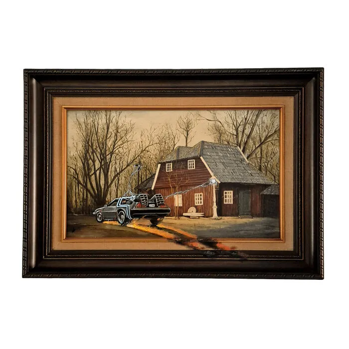 Thrifted painting personalized with a DeLorean car added, creating a funny and unexpected scene outside a rustic house.