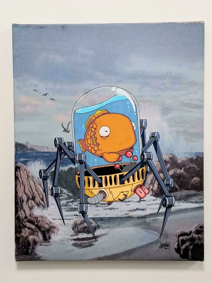 Cartoon fish in a mechanical spider-like suit added to a classic coastal painting, showcasing personalized thrifted painting art.