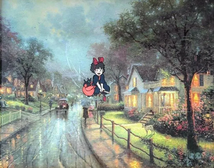Classic neighborhood painting with a funny twist of a cartoon character flying, showcasing personalized thrifted paintings.