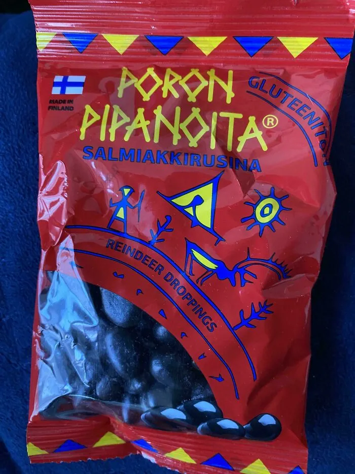 Bag of Finnish reindeer droppings candy, an impressive cultural treat that left people in awe worldwide.