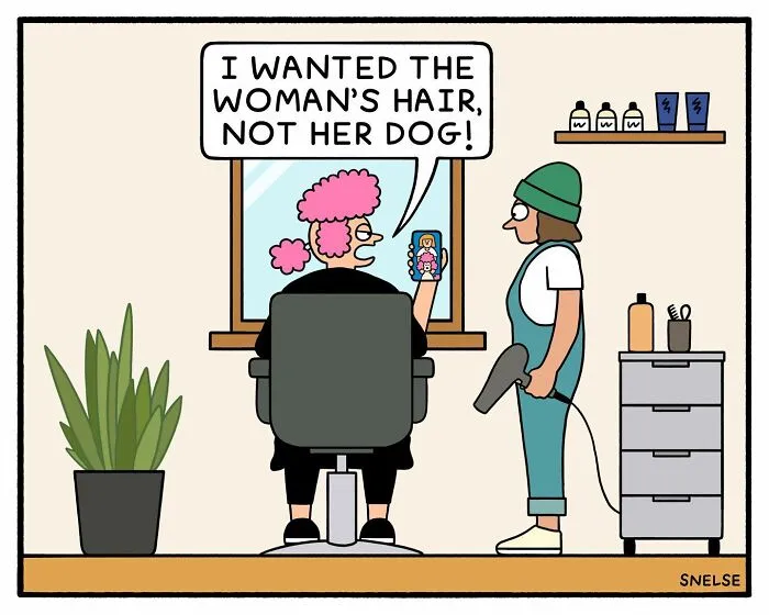 Comic illustration showing a customer at a salon unhappy with their dog's haircut instead of the woman's hair, humorous art.