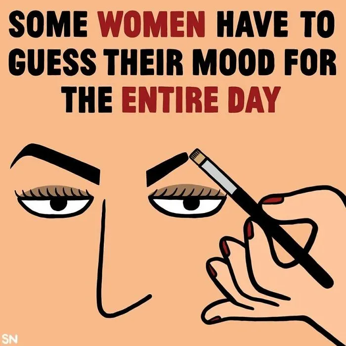 Illustration comic showing a woman filling in eyebrows with text about guessing mood for the entire day.