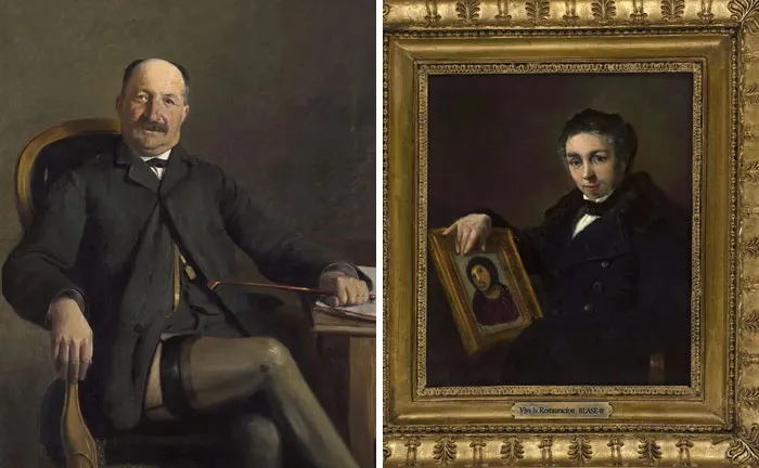 Two thrifted paintings, one a formal portrait of a man sitting, the other of a man holding a small altered artwork.